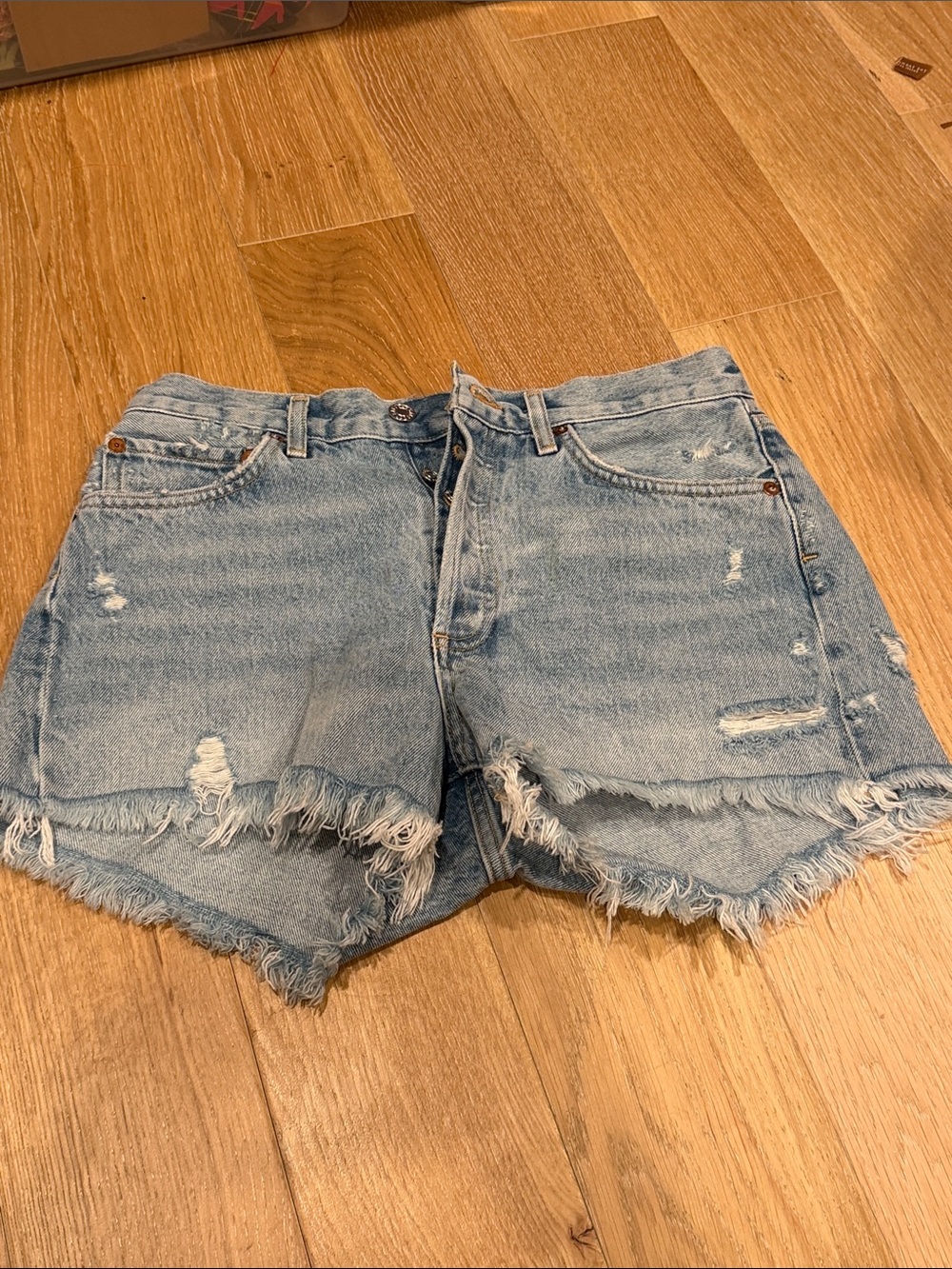 Agolde Parker Light Blue Distressed Frayed Hem Denim Shorts 26 button fly